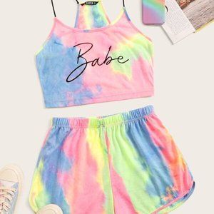 SHEIN VCAY Tye Dye Letter Cami Top & Track Shorts Set